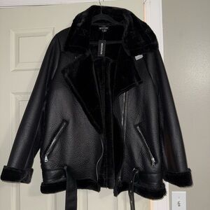 PrettyLittleThing Black Faux Leather Jacket with Fur Trim